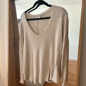Oversized, beige, waffle style, V-neck sweater